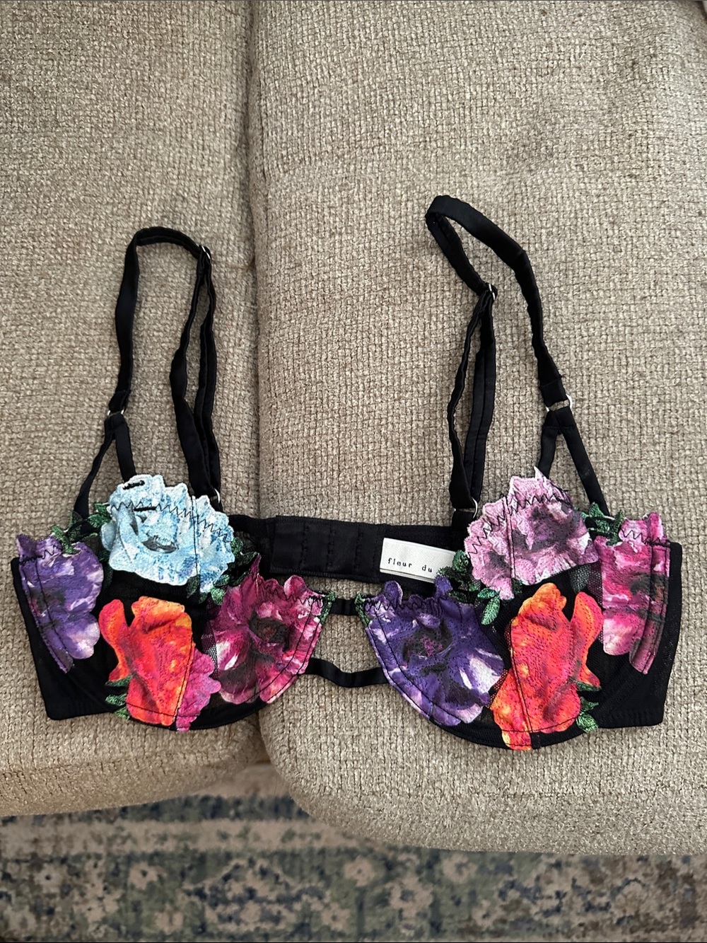 Fleur du Mal Black Sheer Bra with Multicolor Floral Embroidery